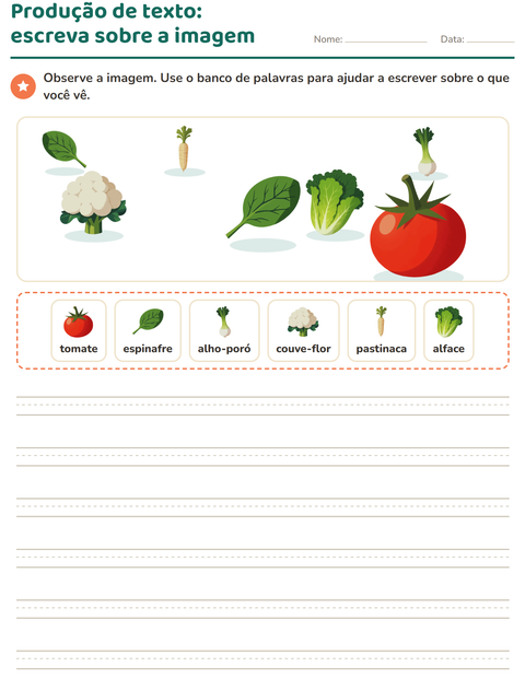 Pré-visualização da ficha de Produção de texto com imagem com Vegetais para 2º ano do ensino fundamental