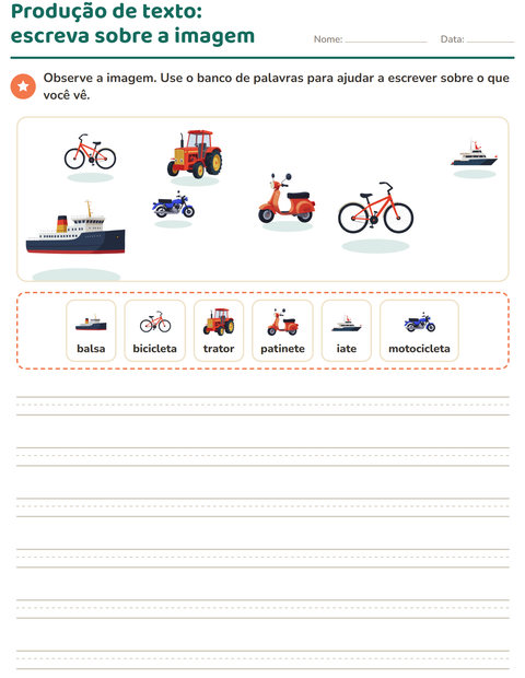 Pré-visualização da ficha de Produção de texto com imagem com Veículos para 2º ano do ensino fundamental