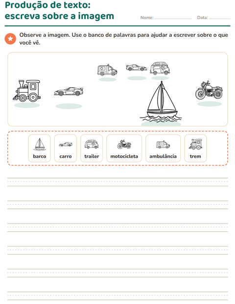 Pré-visualização da ficha de Produção de texto com imagem com Veículos PB para 2º ano do ensino fundamental