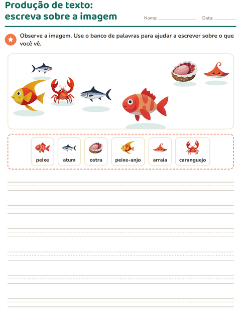 Pré-visualização da ficha de Produção de texto com imagem com Vida marinha para 2º ano do ensino fundamental