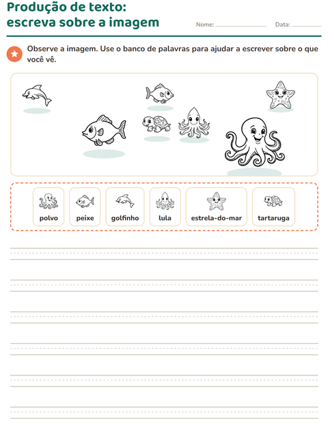 Pré-visualização da ficha de Produção de texto com imagem com Vida marinha PB 2 para 2º ano do ensino fundamental