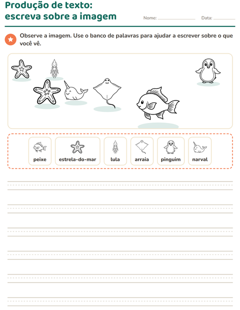 Pré-visualização da ficha de Produção de texto com imagem com Vida marinha PB para 2º ano do ensino fundamental
