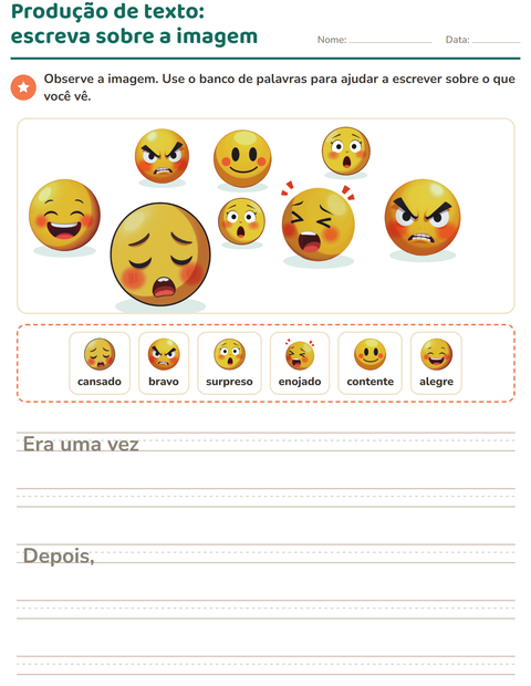 Pré-visualização da ficha de Produção de texto com imagem com Emoções para 2º ano do ensino fundamental