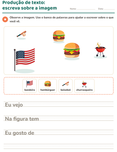 Pré-visualização da ficha de Produção de texto com imagem com 4 de Julho para 2º ano do ensino fundamental