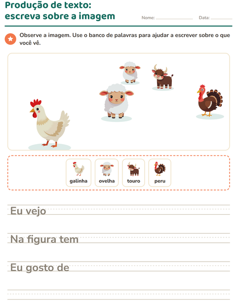 Pré-visualização da ficha de Produção de texto com imagem com Animais da fazenda para 2º ano do ensino fundamental