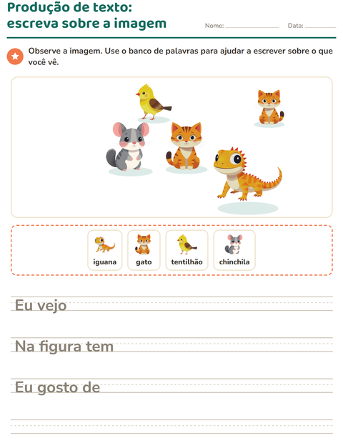 Pré-visualização da ficha de Produção de texto com imagem com Animais de estimação para 2º ano do ensino fundamental