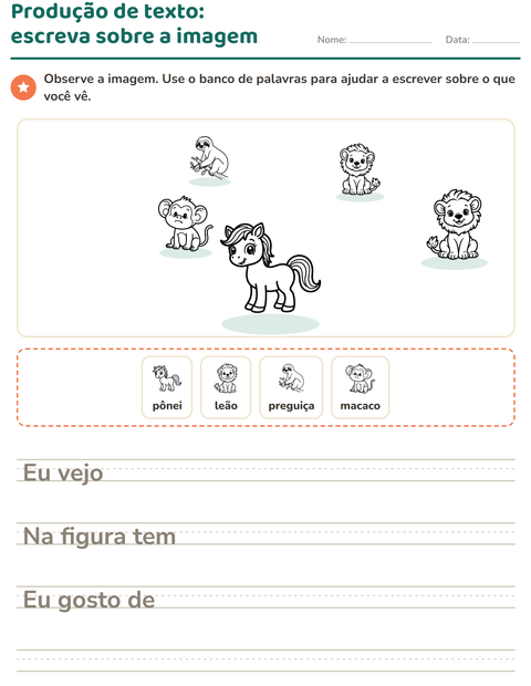 Pré-visualização da ficha de Produção de texto com imagem com Animais PB 2 para 2º ano do ensino fundamental