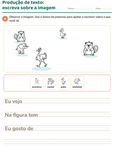 Pré-visualização da ficha de Produção de texto com imagem com Animais PB 4 para 2º ano do ensino fundamental