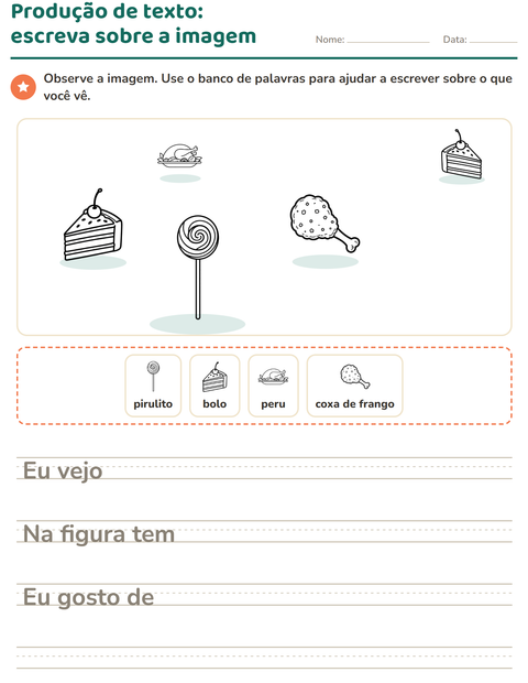 Pré-visualização da ficha de Produção de texto com imagem com Comida PB 2 para 2º ano do ensino fundamental