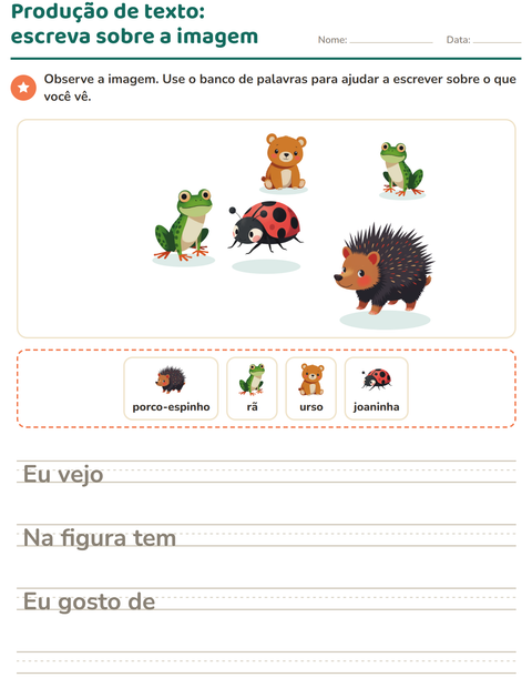 Pré-visualização da ficha de Produção de texto com imagem com Criaturas da floresta para 2º ano do ensino fundamental