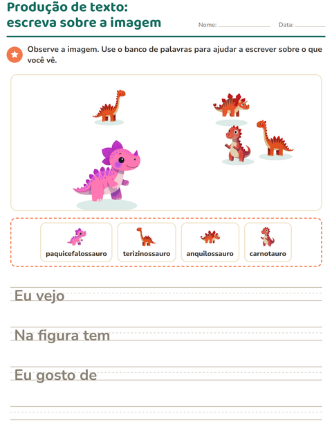 Pré-visualização da ficha de Produção de texto com imagem com Dinossauros para 2º ano do ensino fundamental