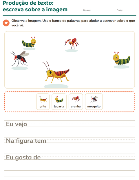 Pré-visualização da ficha de Produção de texto com imagem com Insetos e bichos para 2º ano do ensino fundamental