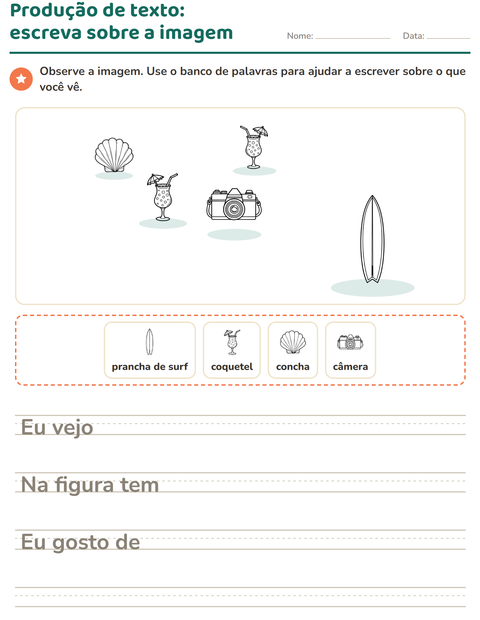 Pré-visualização da ficha de Produção de texto com imagem com Praia PB 2 para 2º ano do ensino fundamental