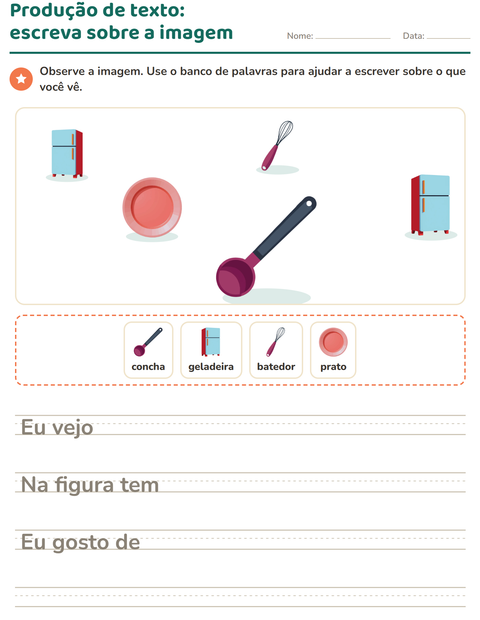 Pré-visualização da ficha de Produção de texto com imagem com Utensílios de cozinha para 2º ano do ensino fundamental