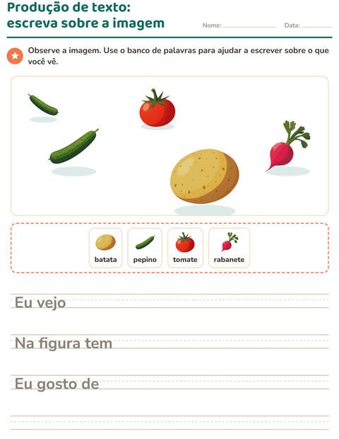 Pré-visualização da ficha de Produção de texto com imagem com Vegetais para 2º ano do ensino fundamental