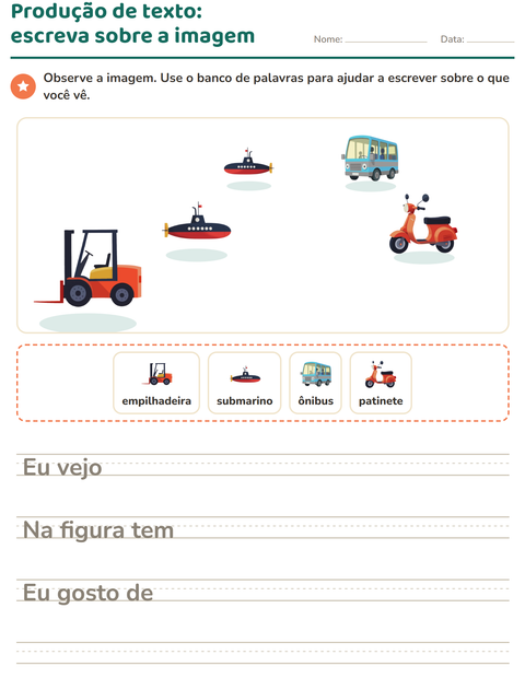 Pré-visualização da ficha de Produção de texto com imagem com Veículos para 2º ano do ensino fundamental
