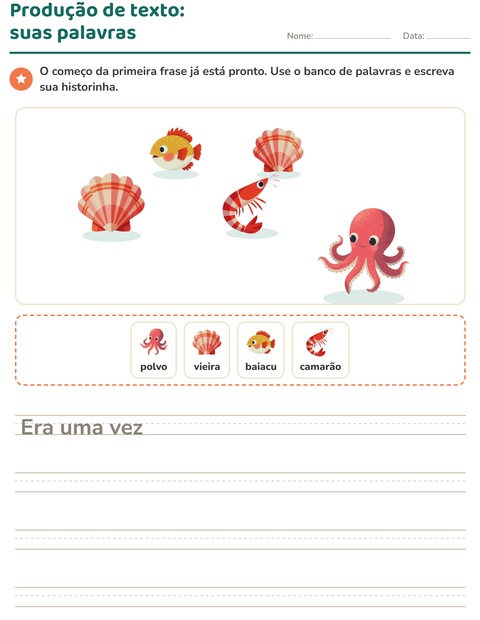 Pré-visualização da ficha de Produção de texto com imagem com Vida marinha para 2º ano do ensino fundamental