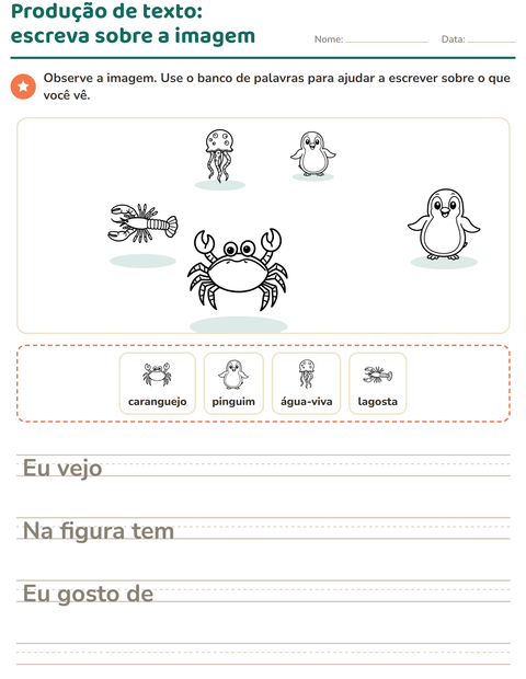 Pré-visualização da ficha de Produção de texto com imagem com Vida marinha PB para 2º ano do ensino fundamental