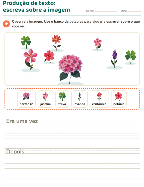 Pré-visualização da ficha de Produção de texto com imagem com Flores para 2º ano do ensino fundamental