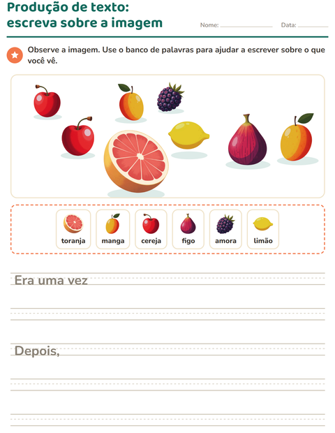 Pré-visualização da ficha de Produção de texto com imagem com Frutas para 2º ano do ensino fundamental