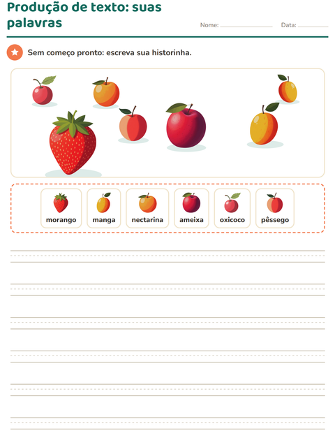 Prévia: Produção de texto com imagem: seis linhas em branco e um banco de palavras