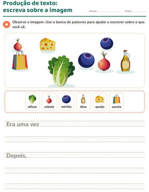 Pré-visualização da ficha de Produção de texto com imagem com No supermercado para 2º ano do ensino fundamental