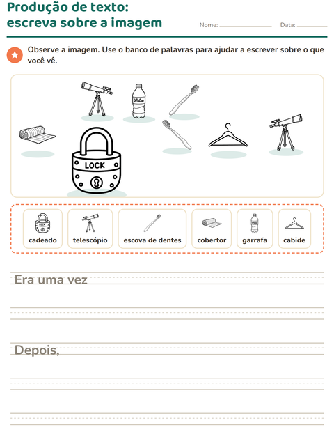 Pré-visualização da ficha de Produção de texto com imagem com Objetos PB para 2º ano do ensino fundamental