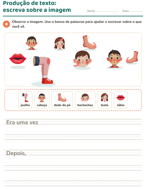 Pré-visualização da ficha de Produção de texto com imagem com Partes do corpo para 2º ano do ensino fundamental