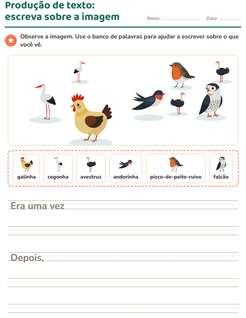 Pré-visualização da ficha de Produção de texto com imagem com Pássaros 2 para 2º ano do ensino fundamental