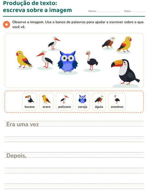 Pré-visualização da ficha de Produção de texto com imagem com Pássaros para 2º ano do ensino fundamental