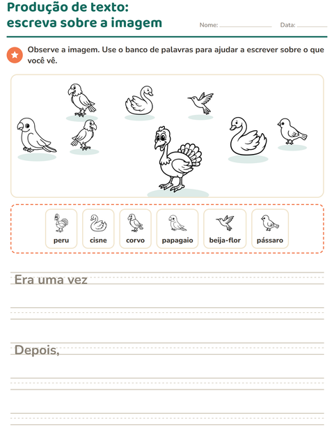 Pré-visualização da ficha de Produção de texto com imagem com Pássaros P&B 2 para 2º ano do ensino fundamental