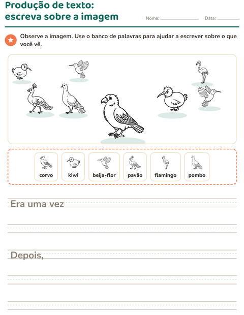 Pré-visualização da ficha de Produção de texto com imagem com Pássaros P&B para 2º ano do ensino fundamental