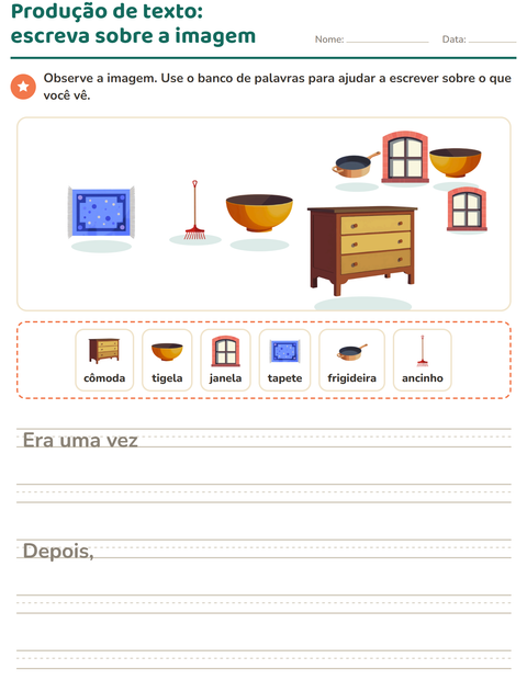 Pré-visualização da ficha de Produção de texto com imagem com Pela casa para 2º ano do ensino fundamental