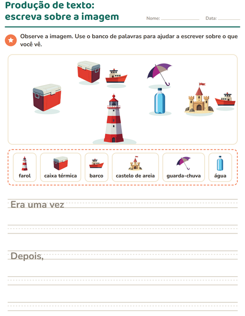 Pré-visualização da ficha de Produção de texto com imagem com Praia para 2º ano do ensino fundamental