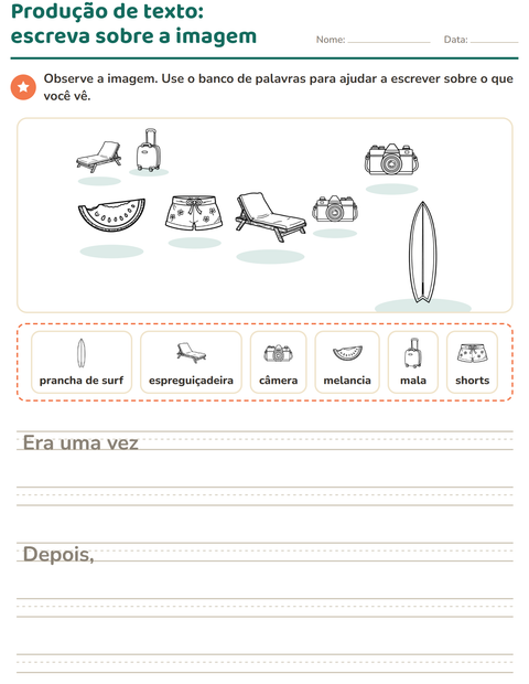 Pré-visualização da ficha de Produção de texto com imagem com Praia PB 2 para 2º ano do ensino fundamental