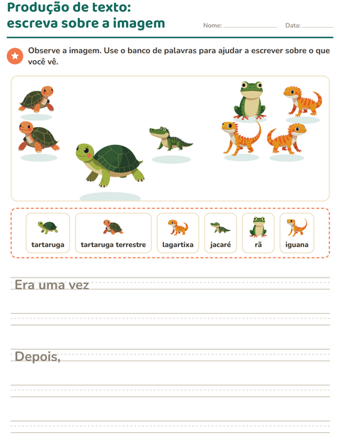 Pré-visualização da ficha de Produção de texto com imagem com Répteis e anfíbios para 2º ano do ensino fundamental