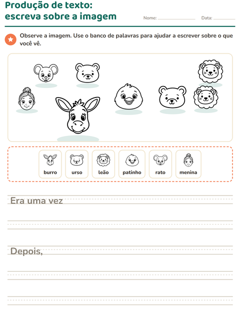 Pré-visualização da ficha de Produção de texto com imagem com Rostos PB para 2º ano do ensino fundamental