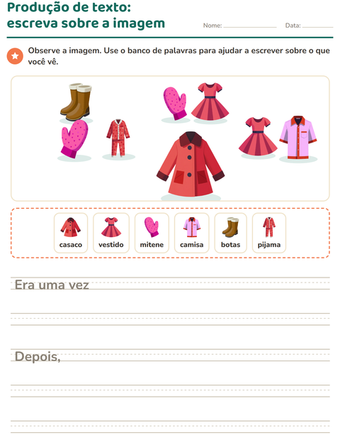 Pré-visualização da ficha de Produção de texto com imagem com Roupas para 2º ano do ensino fundamental