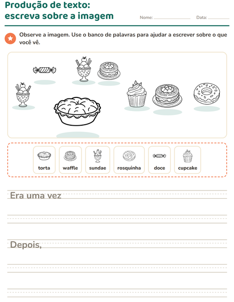 Pré-visualização da ficha de Produção de texto com imagem com Sobremesa (P&B) para 2º ano do ensino fundamental