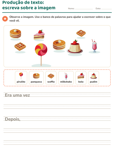 Pré-visualização da ficha de Produção de texto com imagem com Sobremesas e doces para 2º ano do ensino fundamental