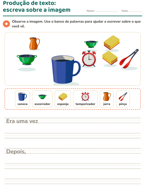 Pré-visualização da ficha de Produção de texto com imagem com Utensílios de cozinha para 2º ano do ensino fundamental