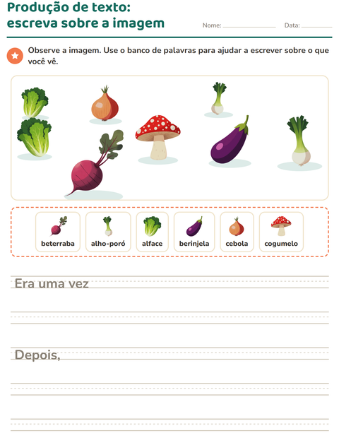 Pré-visualização da ficha de Produção de texto com imagem com Vegetais para 2º ano do ensino fundamental