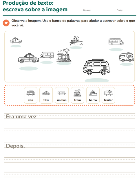 Pré-visualização da ficha de Produção de texto com imagem com Veículos PB 2 para 2º ano do ensino fundamental