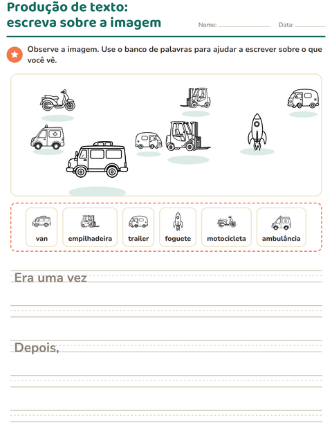 Pré-visualização da ficha de Produção de texto com imagem com Veículos PB 3 para 2º ano do ensino fundamental