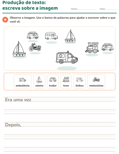 Pré-visualização da ficha de Produção de texto com imagem com Veículos PB para 2º ano do ensino fundamental