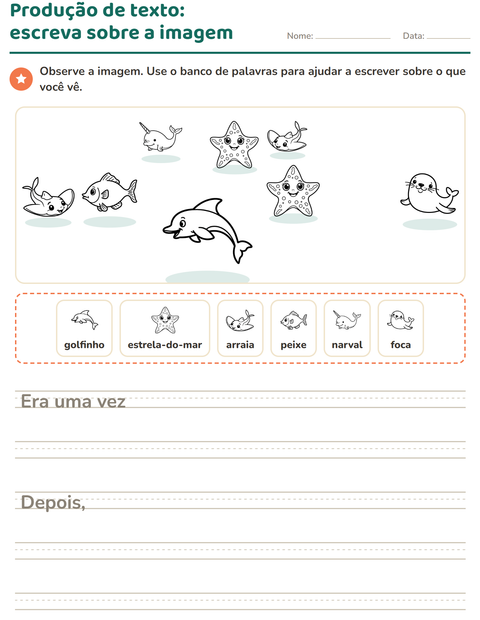 Pré-visualização da ficha de Produção de texto com imagem com Vida marinha PB 2 para 2º ano do ensino fundamental