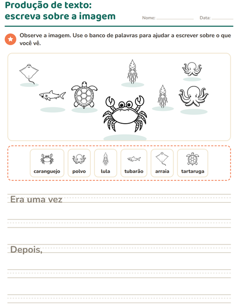 Pré-visualização da ficha de Produção de texto com imagem com Vida marinha PB para 2º ano do ensino fundamental