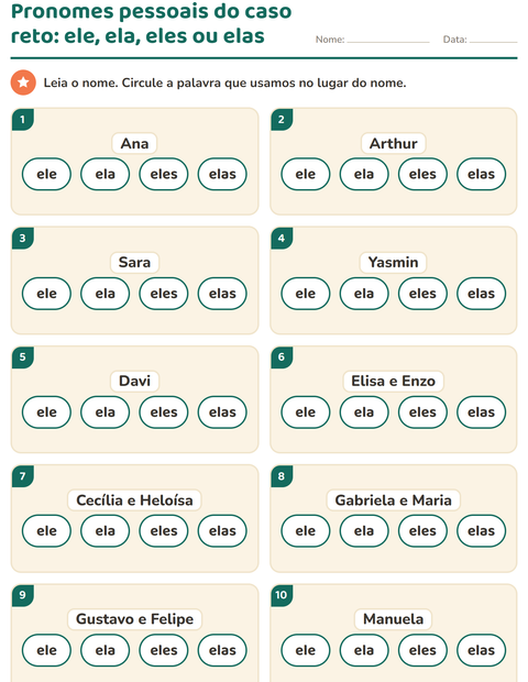 Pré-visualização da ficha de Pronomes pessoais do caso reto para 1º ano do ensino fundamental