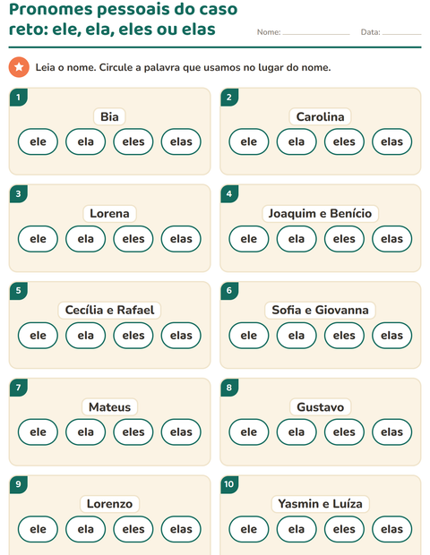 Pré-visualização da ficha de Pronomes pessoais do caso reto para 1º ano do ensino fundamental
