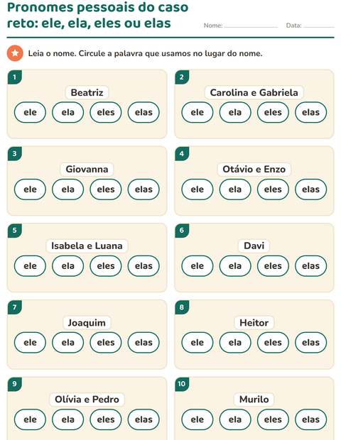 Pré-visualização da ficha de Pronomes pessoais do caso reto para 1º ano do ensino fundamental
